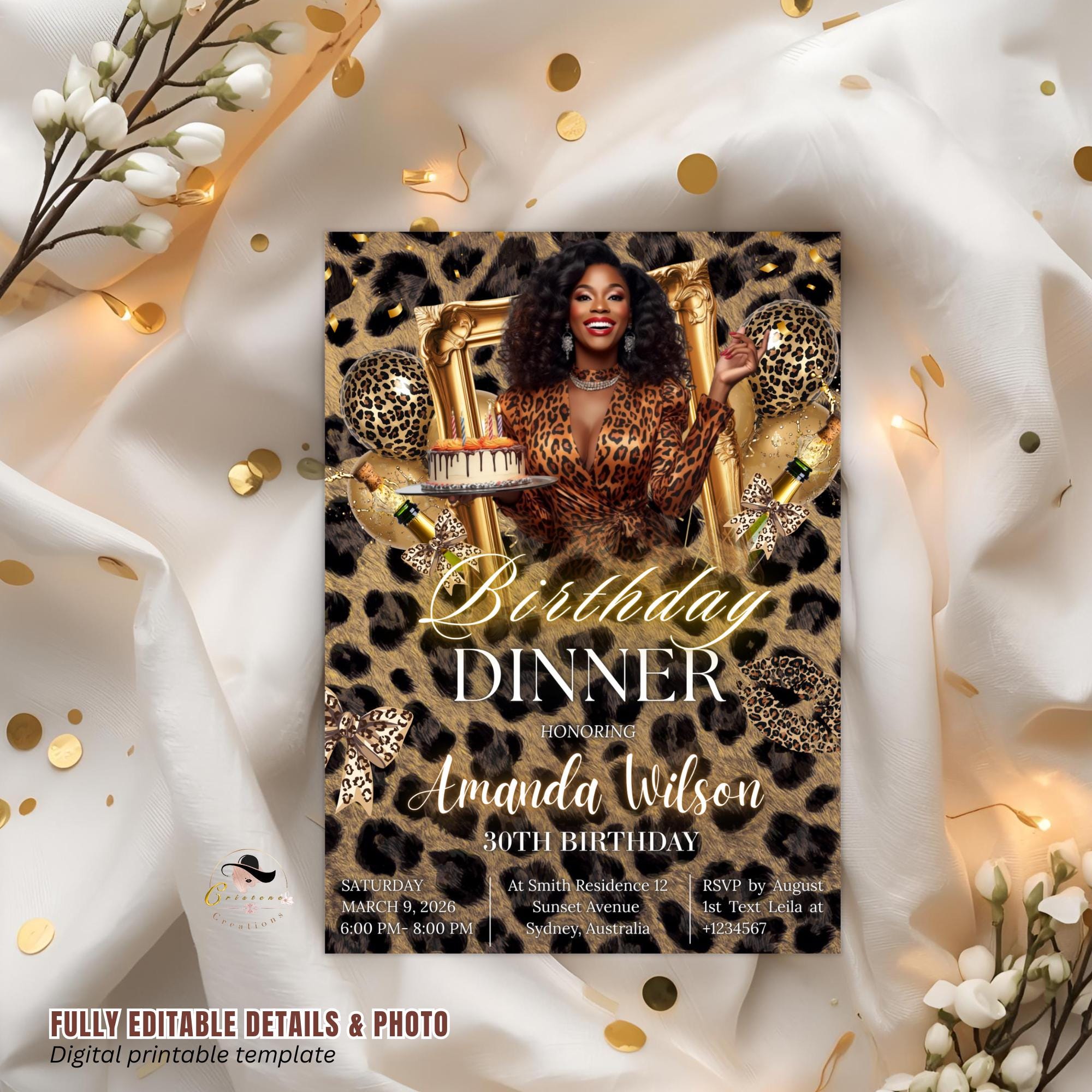Cheetah Birthday Dinner Invitation with photo, Leopard Brunch Party Invite, Woman Retirement Party, Elegant Adult Animal Print Template