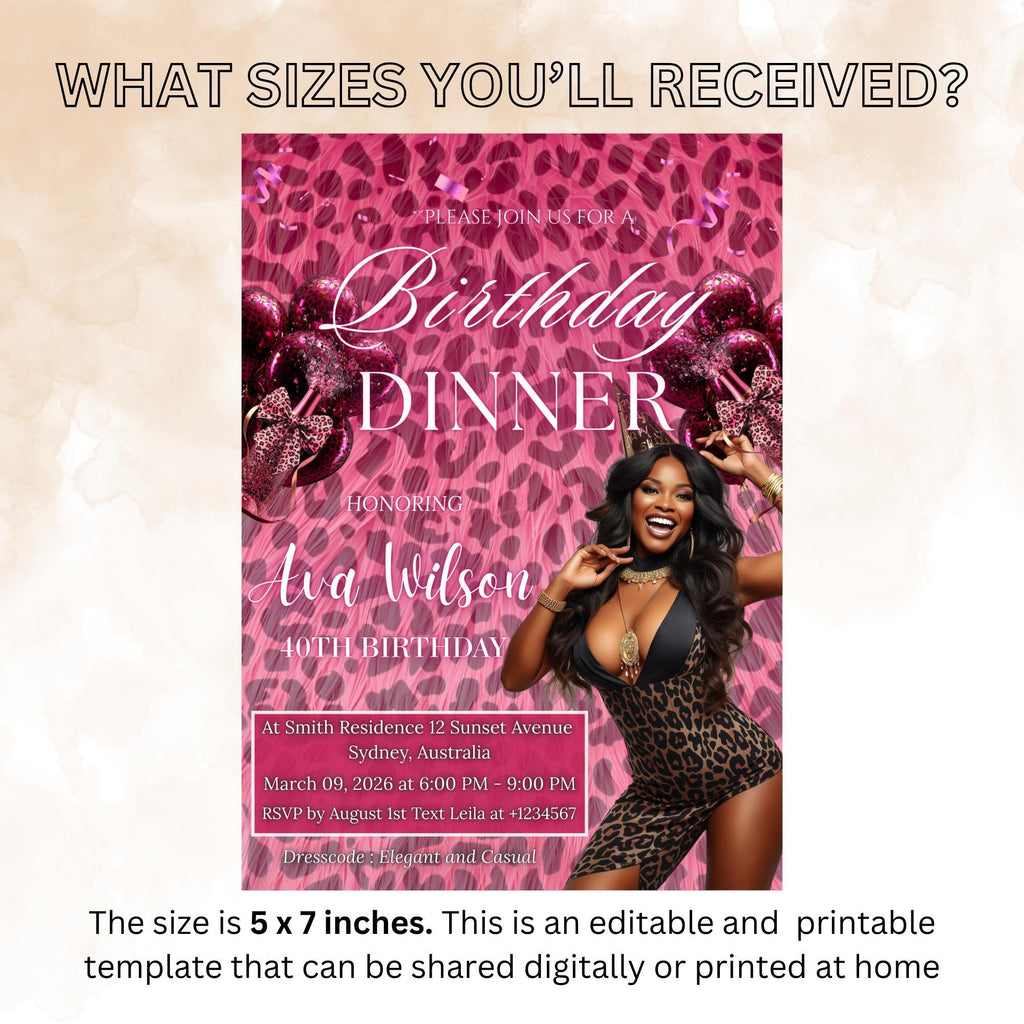 Pink Cheetah Birthday Dinner Invitation with photo, Leopard Brunch Party Invite, Woman Retirement Party, Elegant Adult Animal Print Template