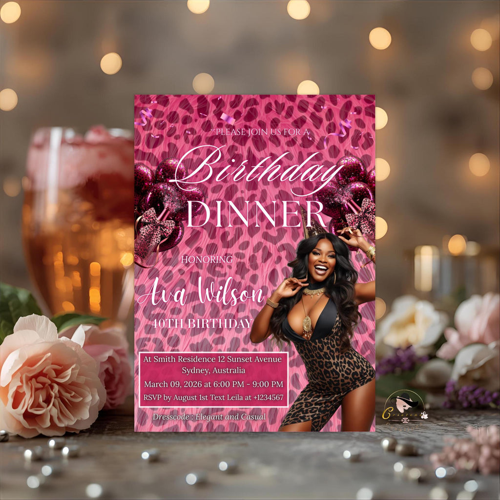 Pink Cheetah Birthday Dinner Invitation with photo, Leopard Brunch Party Invite, Woman Retirement Party, Elegant Adult Animal Print Template