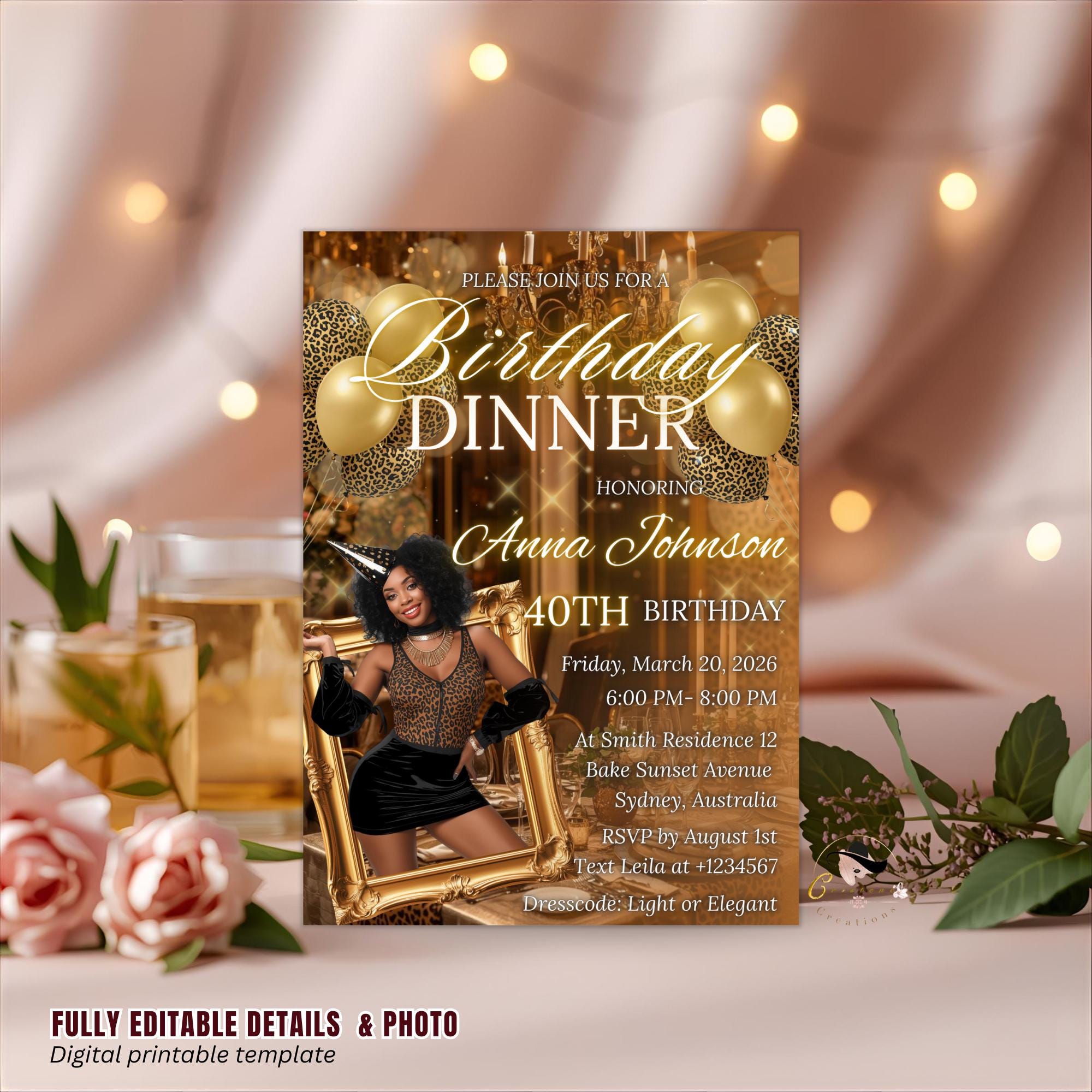 Leopard Birthday Dinner Invitation, Cheetah Brunch Party Invite with photo, Woman Retirement Party, Elegant Adult Animal Print Template