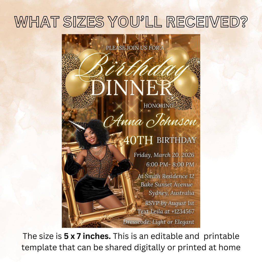 Leopard Birthday Dinner Invitation, Cheetah Brunch Party Invite with photo, Woman Retirement Party, Elegant Adult Animal Print Template