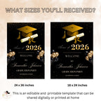 Black Gold Graduation Welcome Party Sign, Woman Graduates Poster Sign, Class 2026 Men Senior Commencement Announcement Entry Sign Template