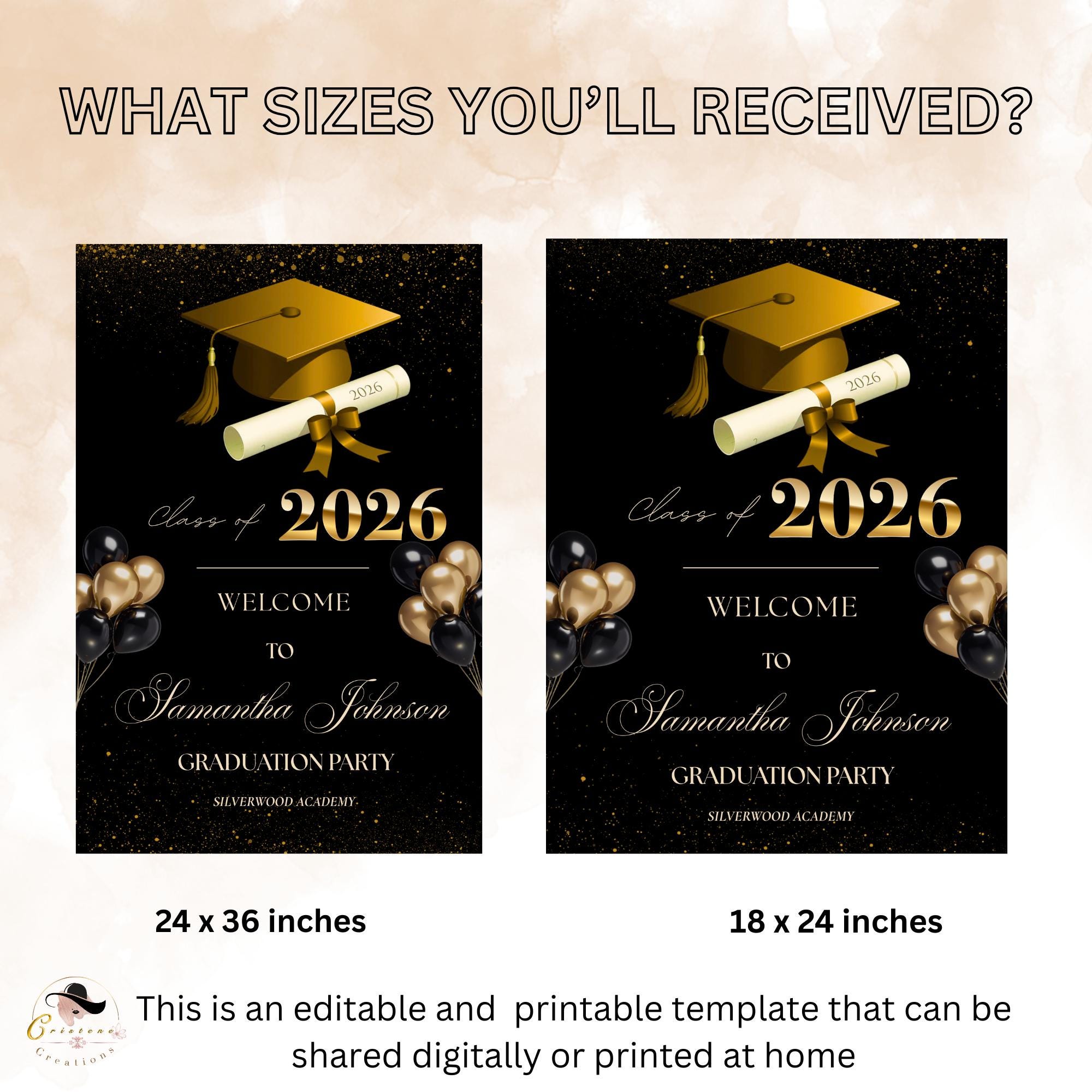 Black Gold Graduation Welcome Party Sign, Woman Graduates Poster Sign, Class 2026 Men Senior Commencement Announcement Entry Sign Template