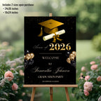Black Gold Graduation Welcome Party Sign, Woman Graduates Poster Sign, Class 2026 Men Senior Commencement Announcement Entry Sign Template