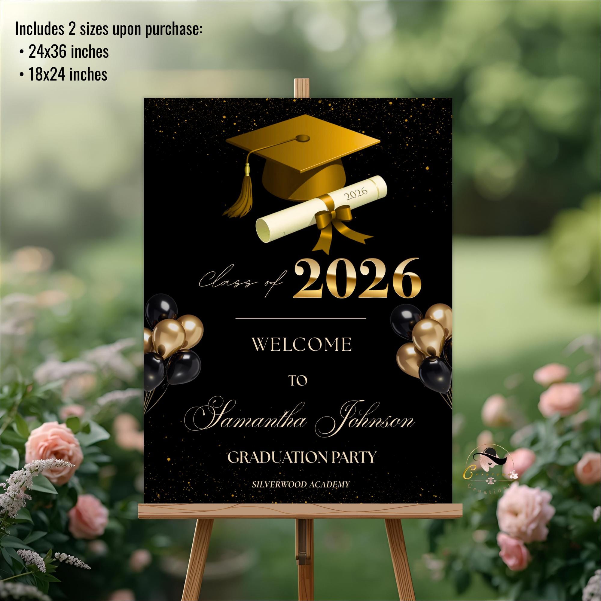 Black Gold Graduation Welcome Party Sign, Woman Graduates Poster Sign, Class 2026 Men Senior Commencement Announcement Entry Sign Template