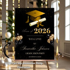 Black Gold Graduation Welcome Party Sign, Woman Graduates Poster Sign, Class 2026 Men Senior Commencement Announcement Entry Sign Template