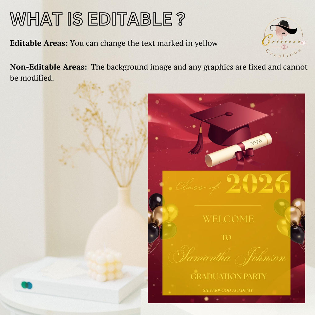 Graduation Welcome Party Sign, Maroon Woman Graduates Poster Sign, Class 2026 Men Senior Grad Announcement Commencement Entry Sign Template
