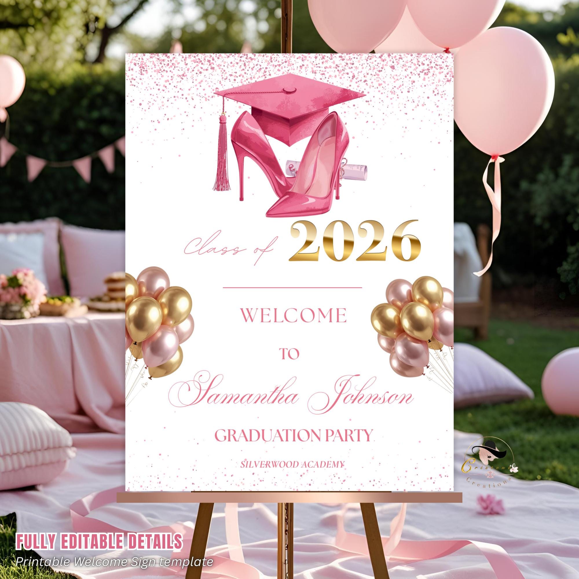Pink Graduation Welcome Party Sign, Woman Graduates Poster Sign, Class of 2026 Senior Grad  Announcement Commencement Entry Sign Template