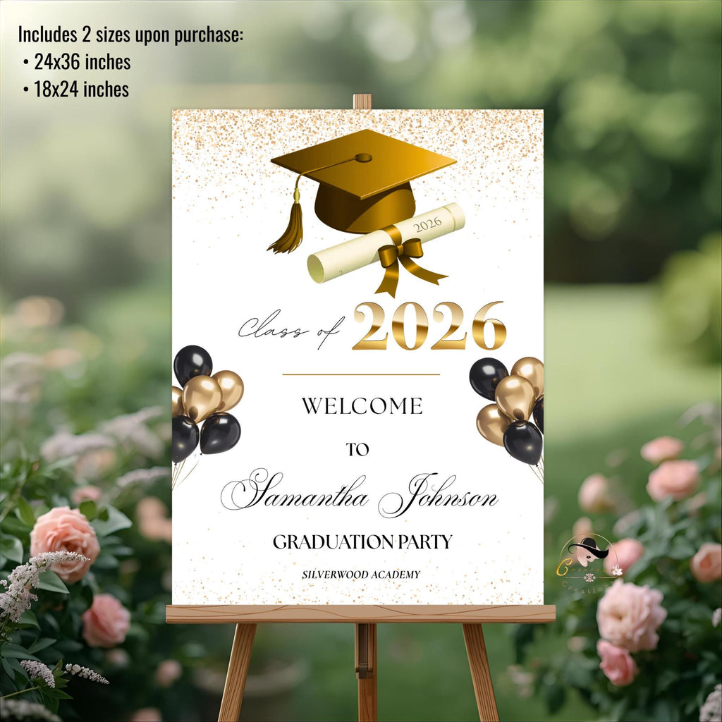 White Gold Graduation Welcome Party Sign, Woman Graduates Poster Sign, Class 2026 Men Senior Commencement Announcement Entry Sign Template