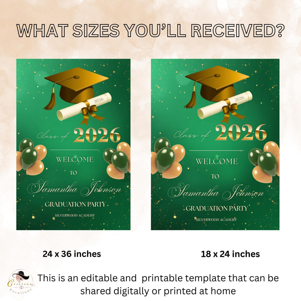 Green Gold Graduation Welcome Party Sign, Woman Graduates Poster Sign, Class 2026 Men Senior Commencement Announcement Entry Sign Template