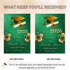 Green Gold Graduation Welcome Party Sign, Woman Graduates Poster Sign, Class 2026 Men Senior Commencement Announcement Entry Sign Template
