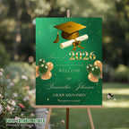 Green Gold Graduation Welcome Party Sign, Woman Graduates Poster Sign, Class 2026 Men Senior Commencement Announcement Entry Sign Template