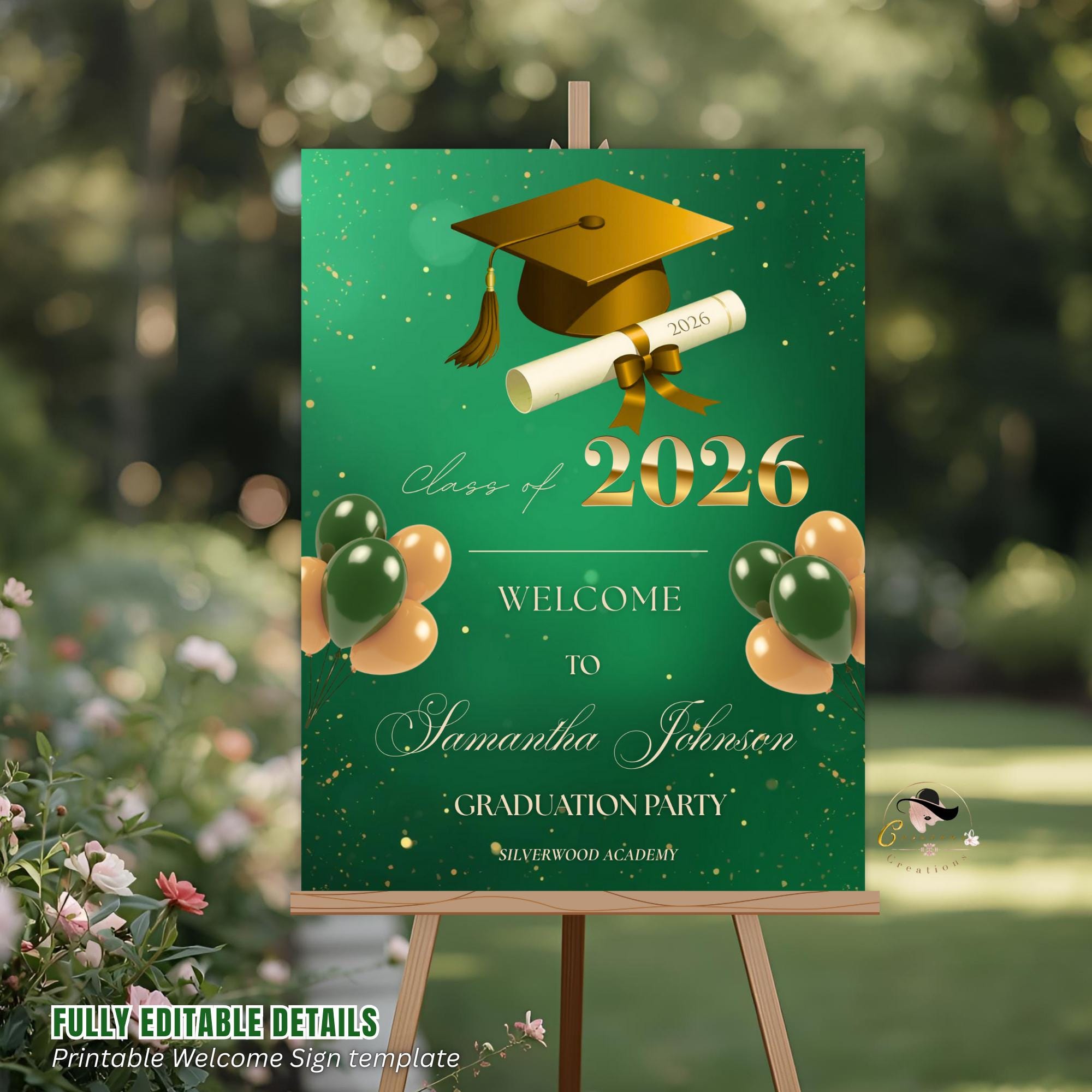 Green Gold Graduation Welcome Party Sign, Woman Graduates Poster Sign, Class 2026 Men Senior Commencement Announcement Entry Sign Template