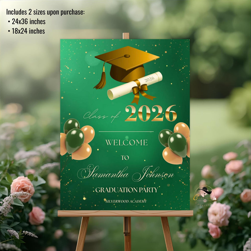Green Gold Graduation Welcome Party Sign, Woman Graduates Poster Sign, Class 2026 Men Senior Commencement Announcement Entry Sign Template