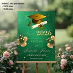 Green Gold Graduation Welcome Party Sign, Woman Graduates Poster Sign, Class 2026 Men Senior Commencement Announcement Entry Sign Template