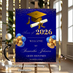 Blue Gold Graduation Welcome Party Sign, Woman Graduates Poster Sign, Class 2026 Men Senior Grad Announcement Dinner Entry Sign Template