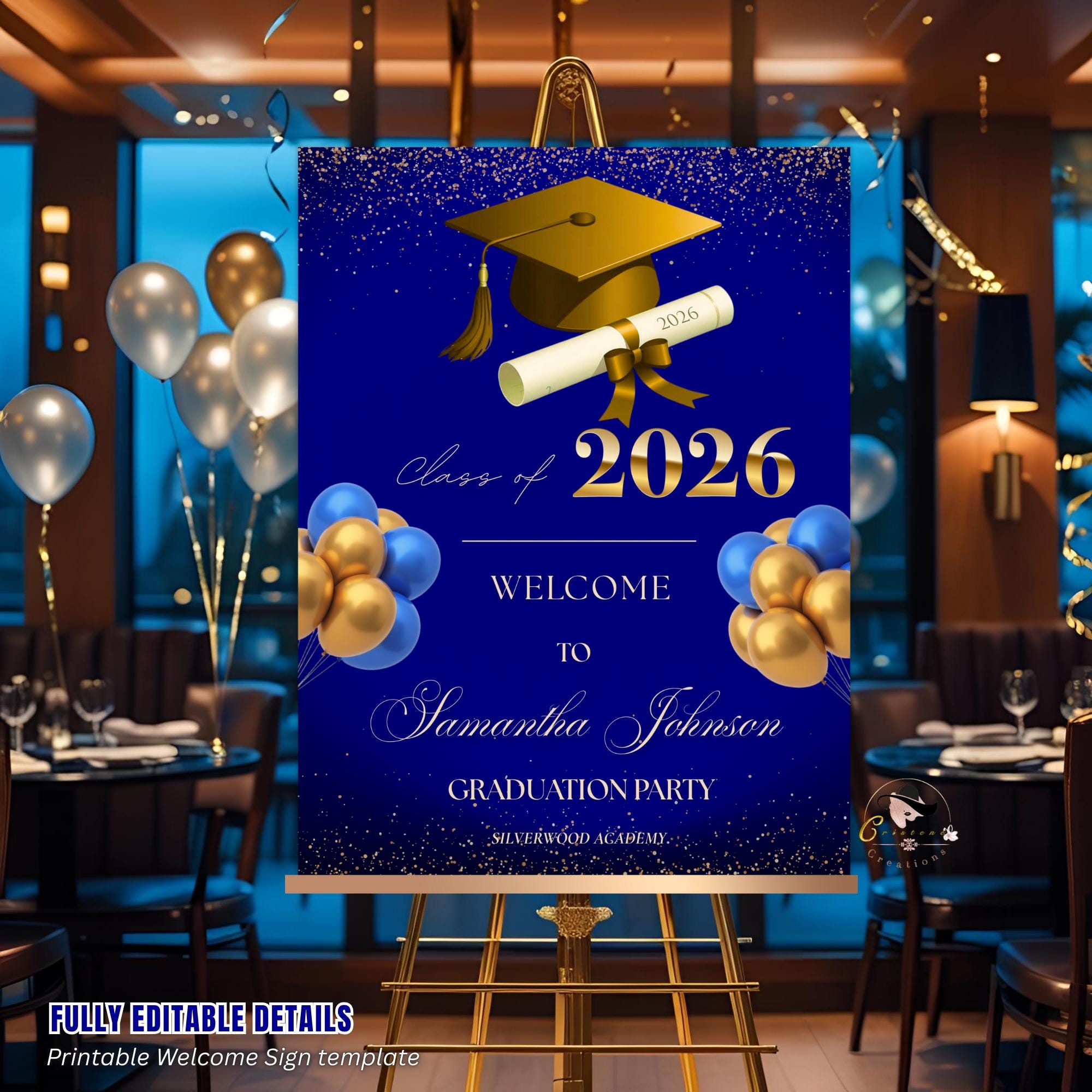 Blue Gold Graduation Welcome Party Sign, Woman Graduates Poster Sign, Class 2026 Men Senior Grad Announcement Dinner Entry Sign Template