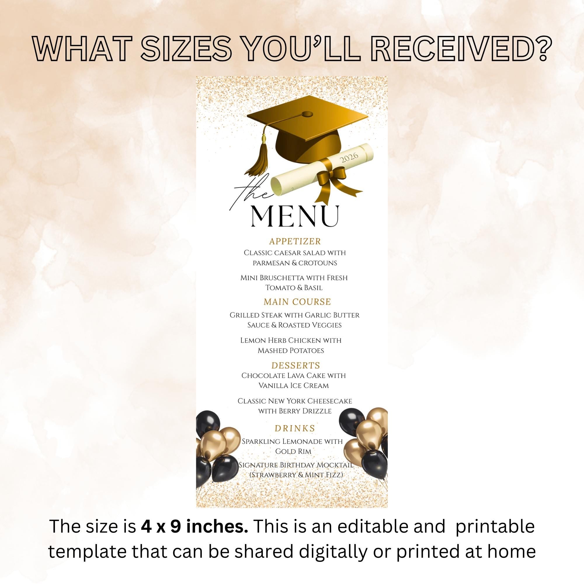 Graduation Party Menu, White Gold Senior Grad Dinner Menu, Commencement Menu, Class 2026 College Graduates Brunch Menu Printable Template