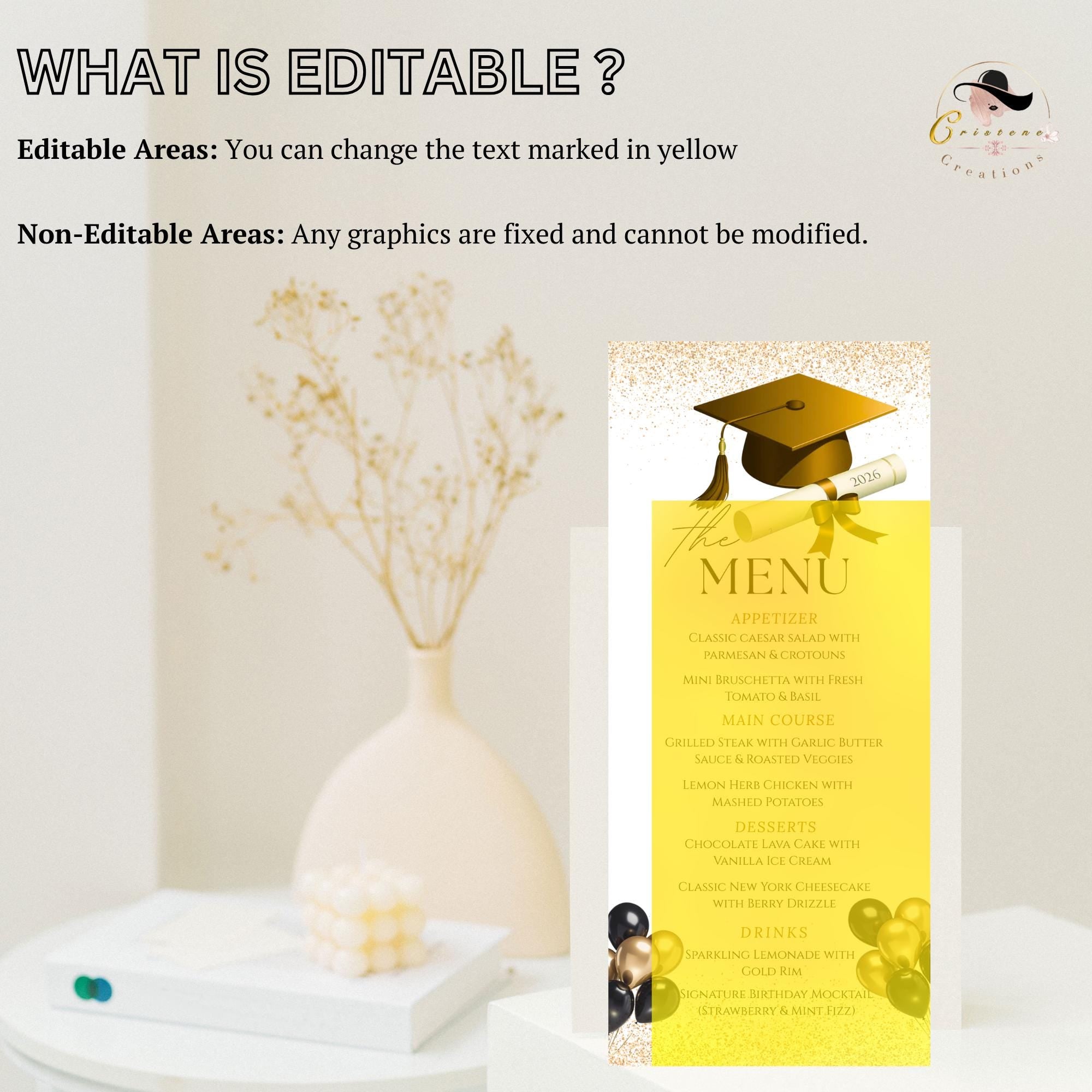Graduation Party Menu, White Gold Senior Grad Dinner Menu, Commencement Menu, Class 2026 College Graduates Brunch Menu Printable Template