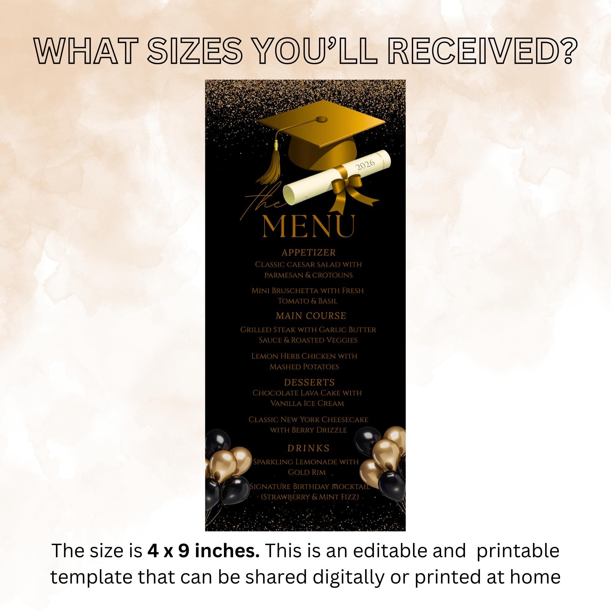Black Gold Graduation Dinner Menu, Senior Grad Party Menu, Commencement Menu, Class 2026 University Graduates Brunch Menu Printable Template