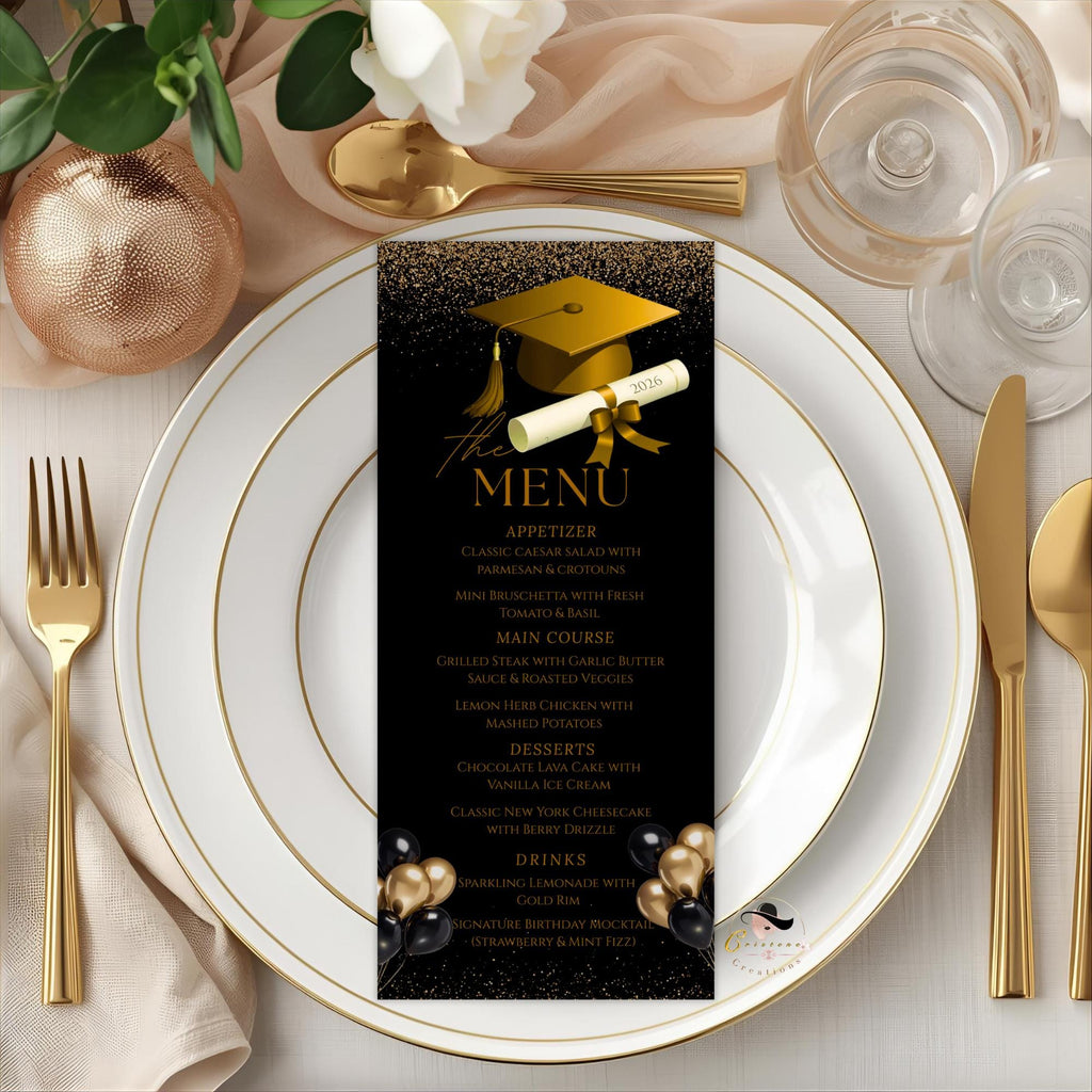 Black Gold Graduation Dinner Menu, Senior Grad Party Menu, Commencement Menu, Class 2026 University Graduates Brunch Menu Printable Template