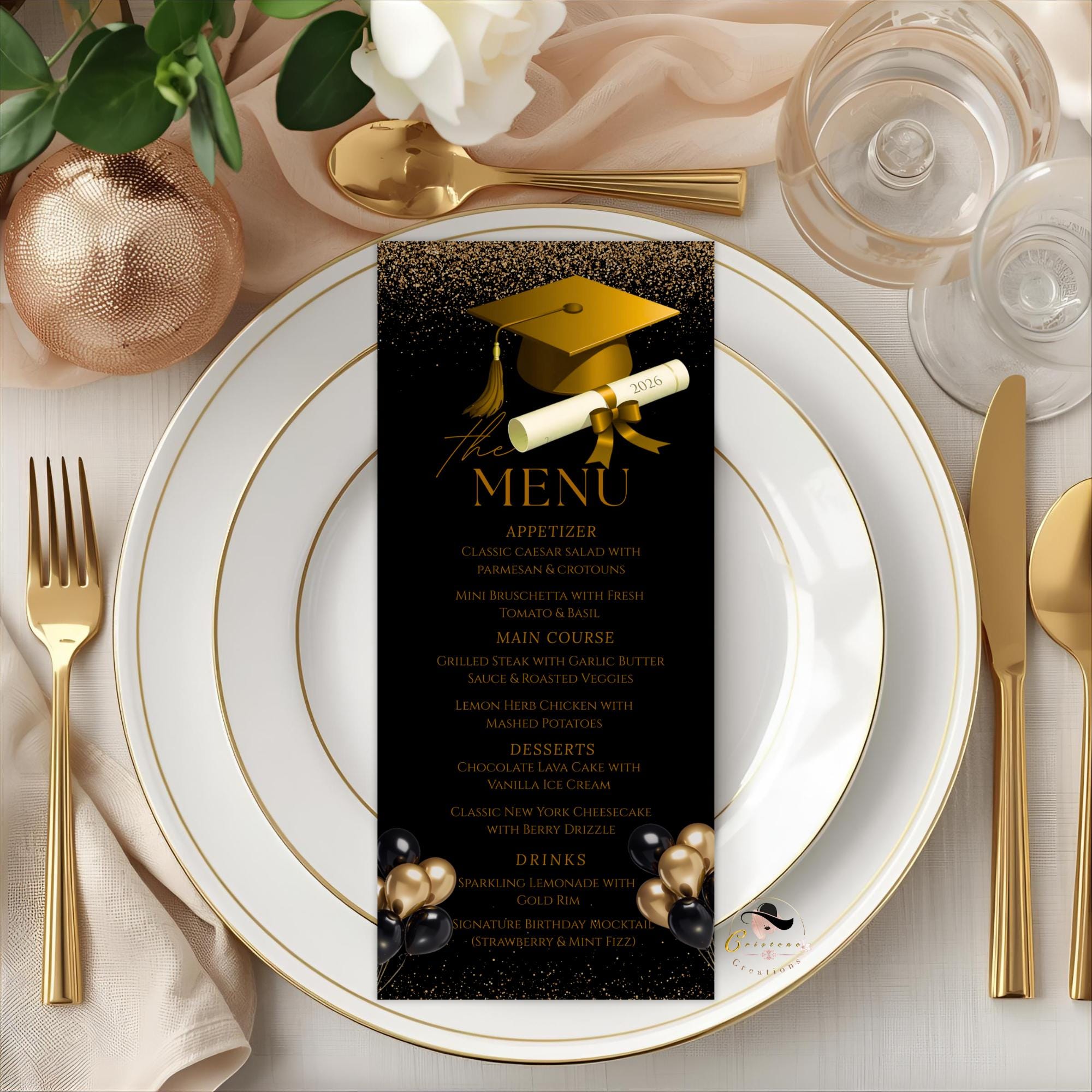 Black Gold Graduation Dinner Menu, Senior Grad Party Menu, Commencement Menu, Class 2026 University Graduates Brunch Menu Printable Template