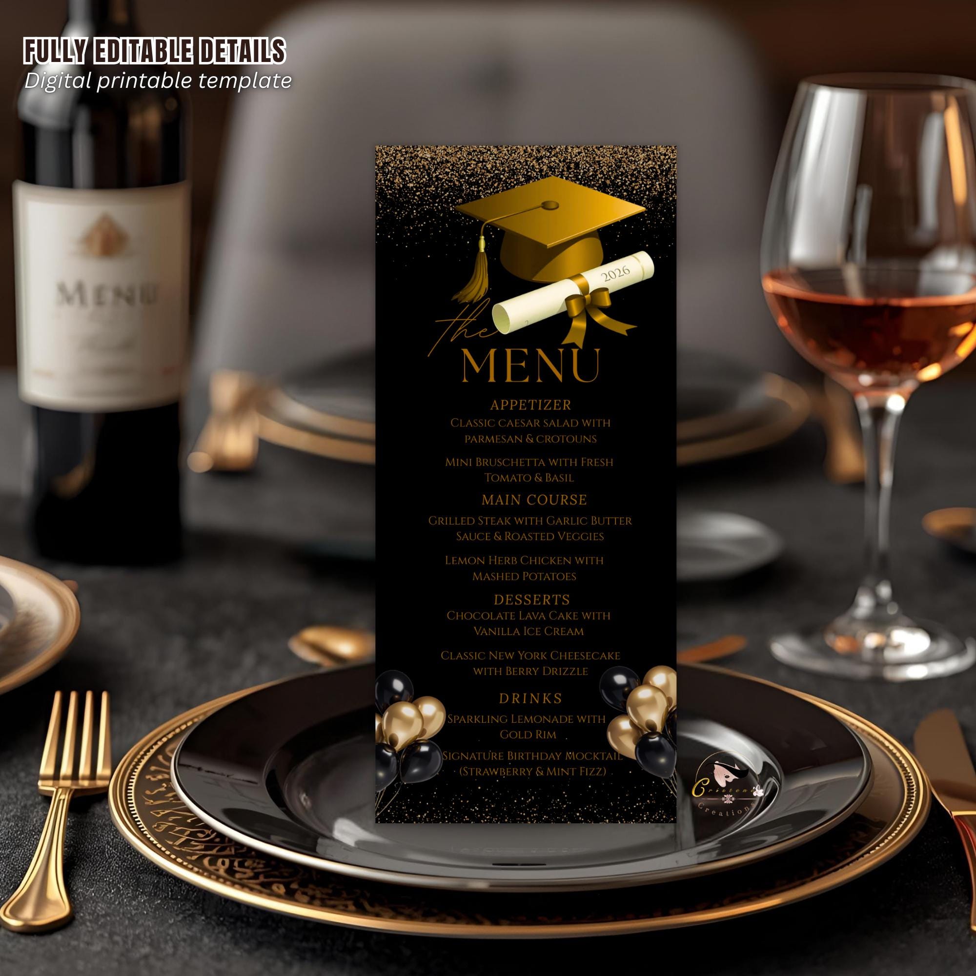 Black Gold Graduation Dinner Menu, Senior Grad Party Menu, Commencement Menu, Class 2026 University Graduates Brunch Menu Printable Template