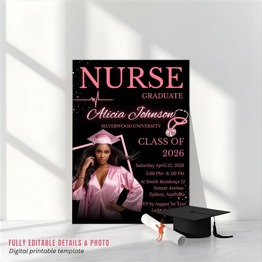 Nurse Graduation Invitation with photo, Pink Black RN Pinning Ceremony Class of 2026 invite, Medical LPN CNA Nursing Graduate Flyer Template