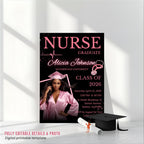 Nurse Graduation Invitation with photo, Pink Black RN Pinning Ceremony Class of 2026 invite, Medical LPN CNA Nursing Graduate Flyer Template