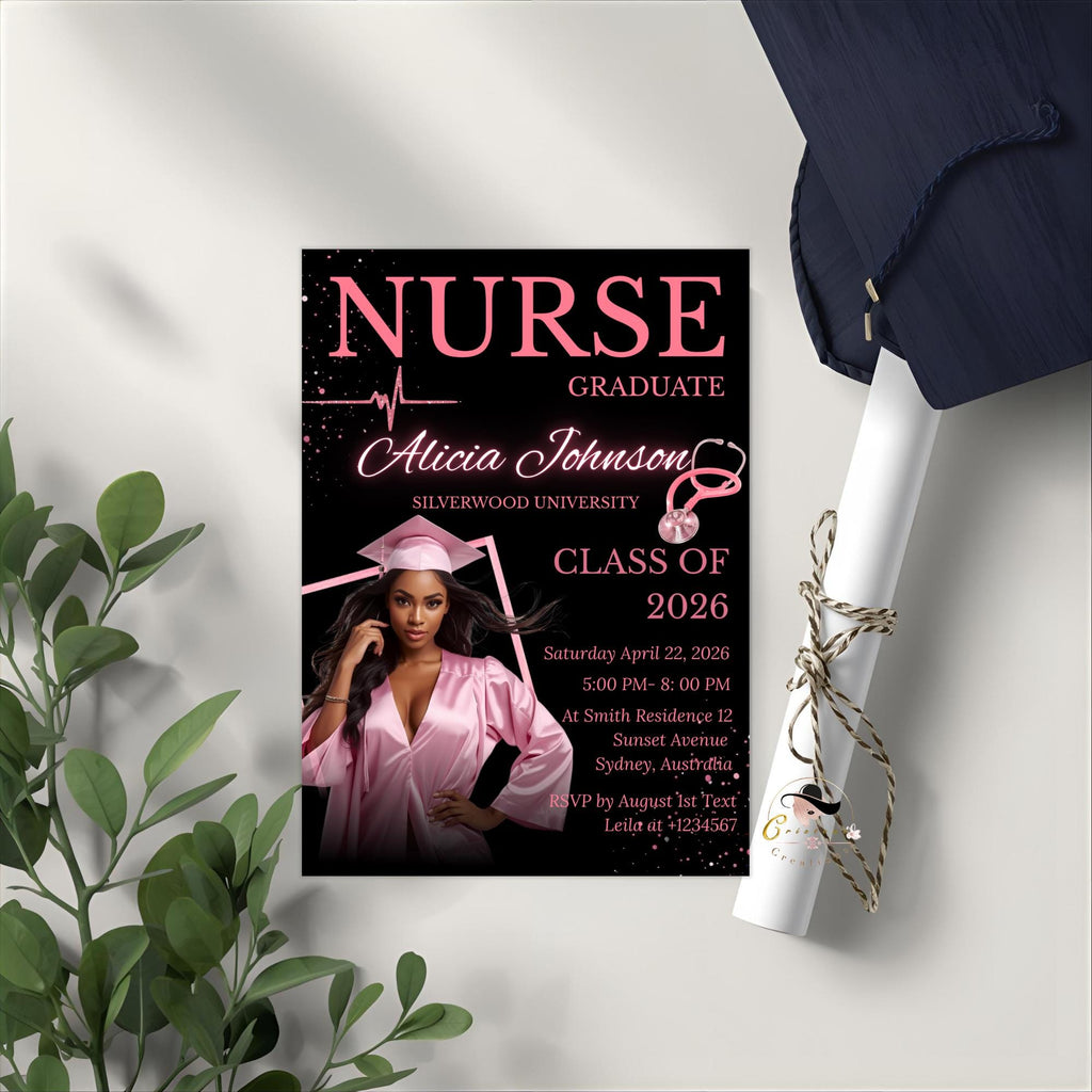 Nurse Graduation Invitation with photo, Pink Black RN Pinning Ceremony Class of 2026 invite, Medical LPN CNA Nursing Graduate Flyer Template