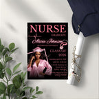 Nurse Graduation Invitation with photo, Pink Black RN Pinning Ceremony Class of 2026 invite, Medical LPN CNA Nursing Graduate Flyer Template