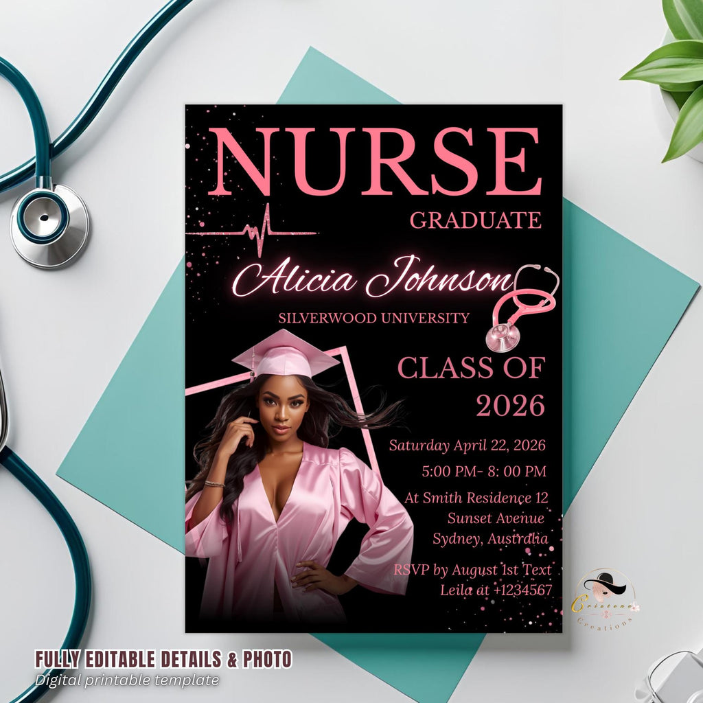 Nurse Graduation Invitation with photo, Pink Black RN Pinning Ceremony Class of 2026 invite, Medical LPN CNA Nursing Graduate Flyer Template