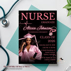 Nurse Graduation Invitation with photo, Pink Black RN Pinning Ceremony Class of 2026 invite, Medical LPN CNA Nursing Graduate Flyer Template