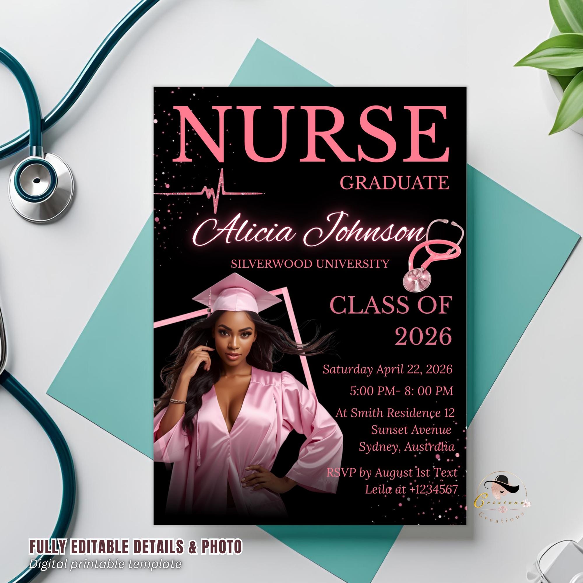 Nurse Graduation Invitation with photo, Pink Black RN Pinning Ceremony Class of 2026 invite, Medical LPN CNA Nursing Graduate Flyer Template