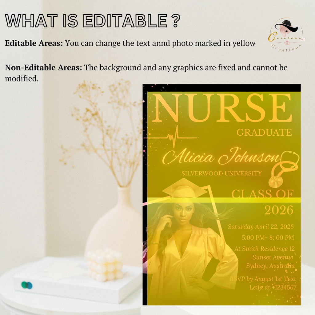 Nurse Graduation Invitation with photo, Pink Black RN Pinning Ceremony Class of 2026 invite, Medical LPN CNA Nursing Graduate Flyer Template