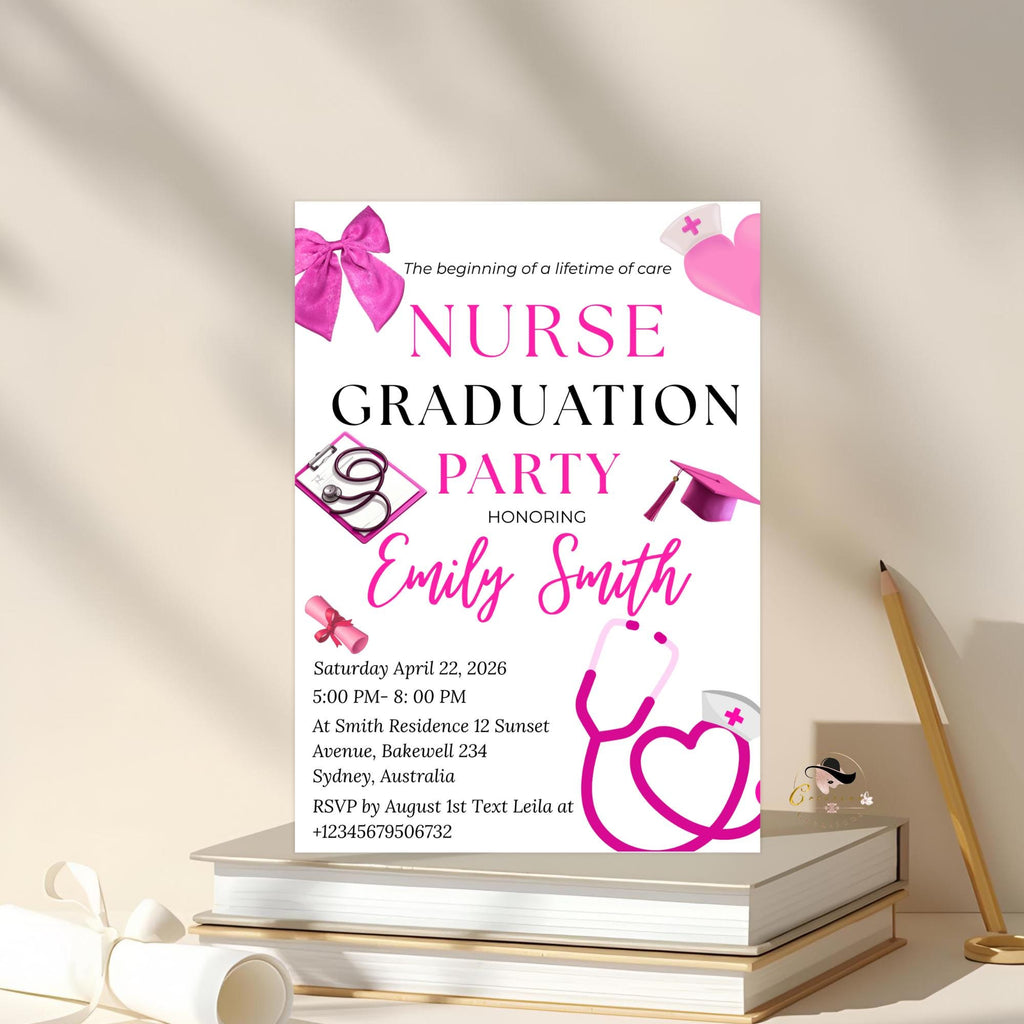 Pink Nurse Graduation Invitation, RN Pinning Ceremony Class of 2026 invite, Medical BSN CNA Lpn Nursing Graduate Flyer Announcement Template
