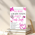 Pink Nurse Graduation Invitation, RN Pinning Ceremony Class of 2026 invite, Medical BSN CNA Lpn Nursing Graduate Flyer Announcement Template
