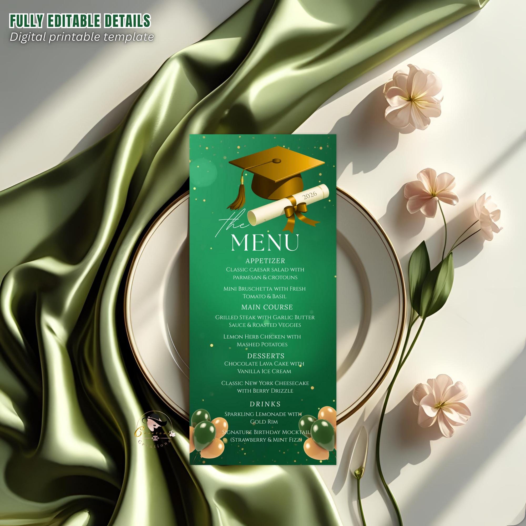 Green Gold Graduation Dinner Menu, Senior Grad Party Menu, Commencement Menu, Class 2026 University Graduates Brunch Menu Printable Template