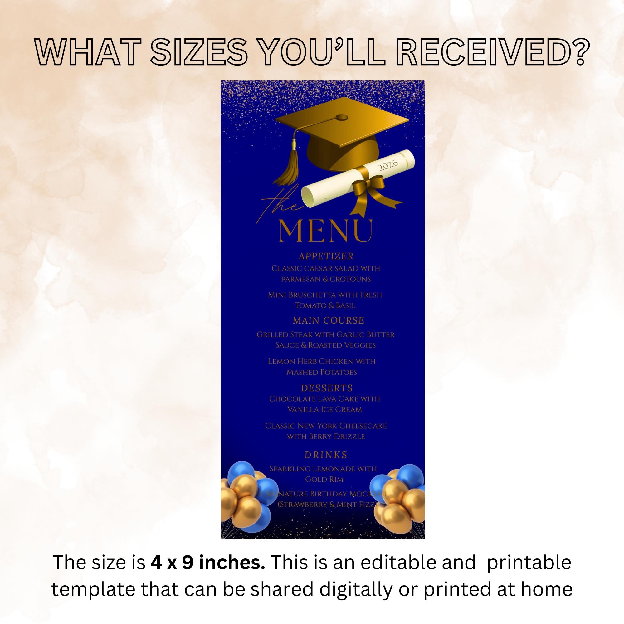 Graduation Party Menu Blue Gold Senior Grad Dinner Menu, Commencement Menu Card, 2026 College Graduates Announcement Menu Printable Template