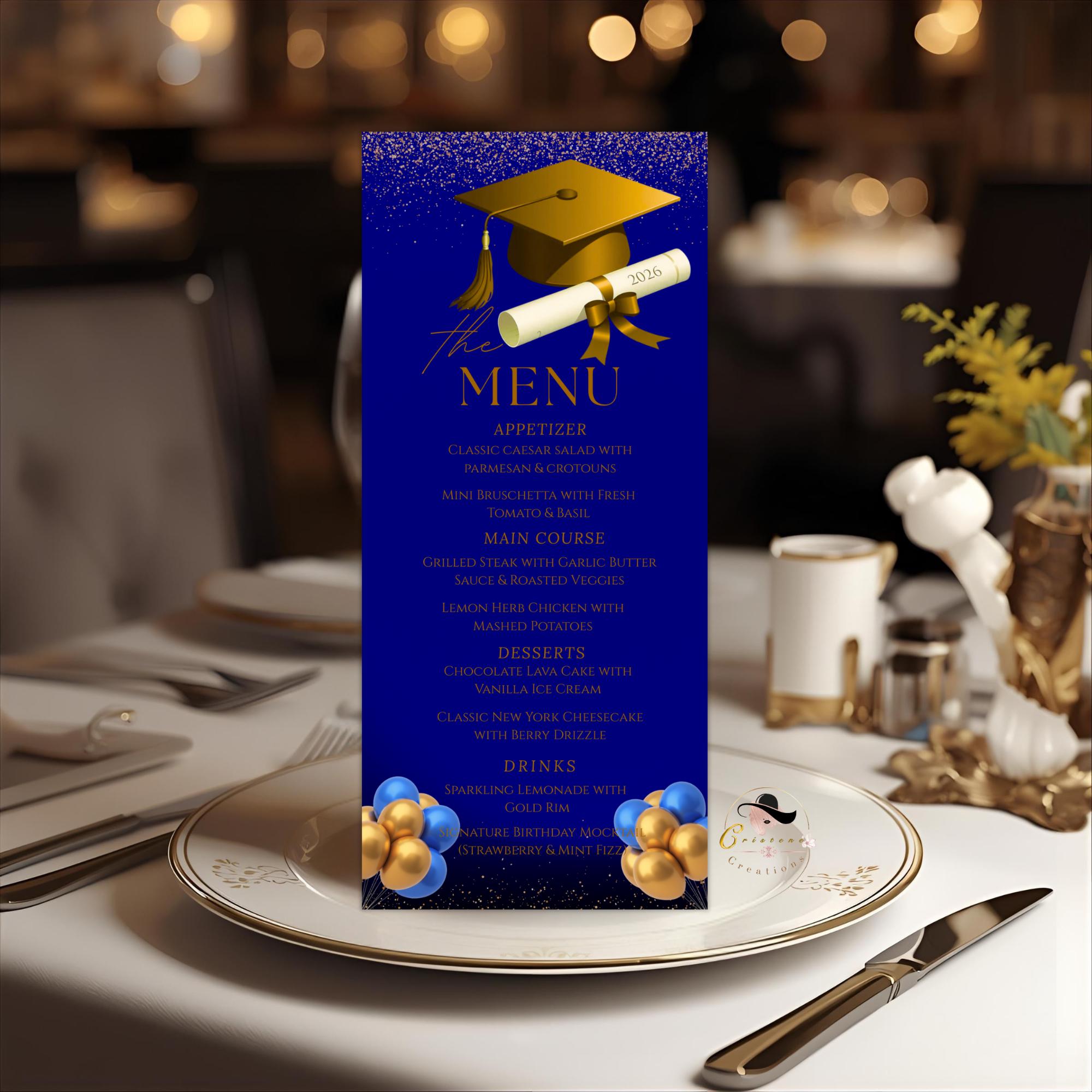 Graduation Party Menu Blue Gold Senior Grad Dinner Menu, Commencement Menu Card, 2026 College Graduates Announcement Menu Printable Template