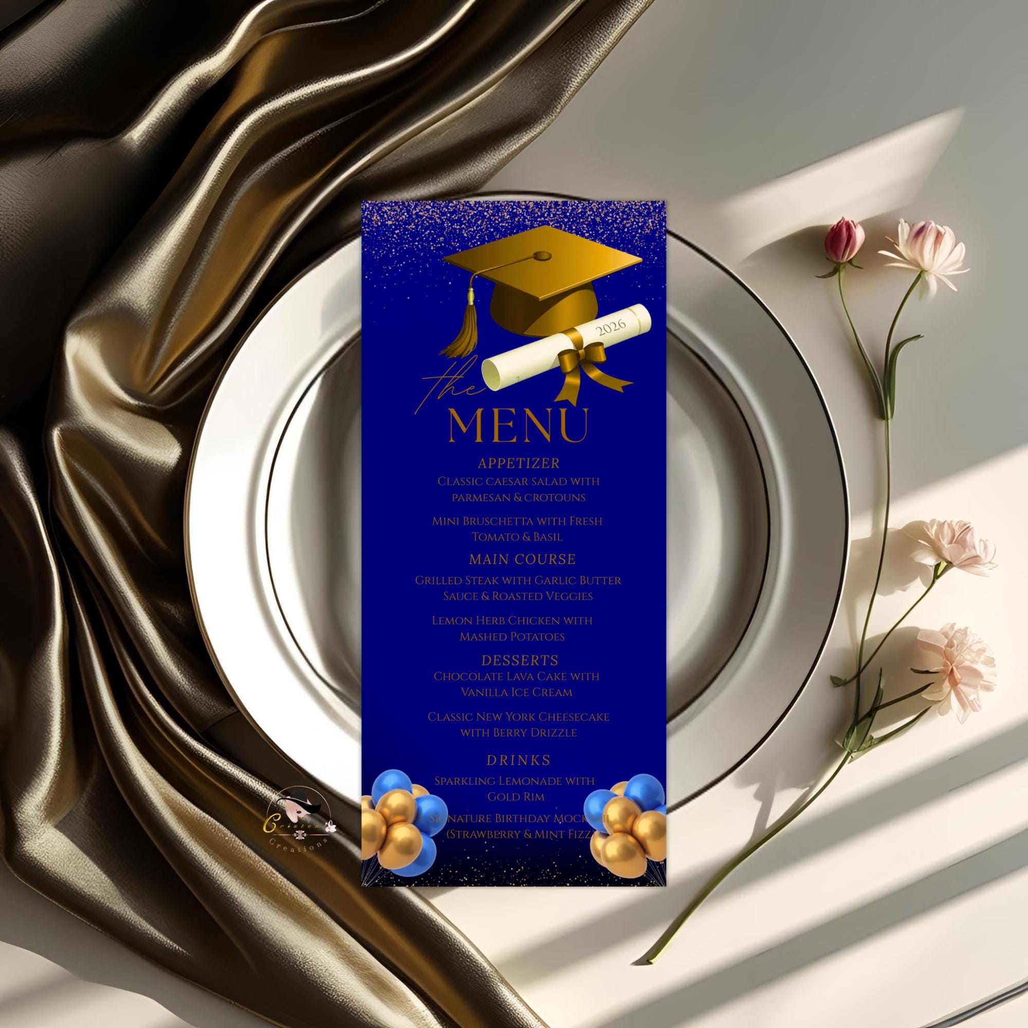 Graduation Party Menu Blue Gold Senior Grad Dinner Menu, Commencement Menu Card, 2026 College Graduates Announcement Menu Printable Template