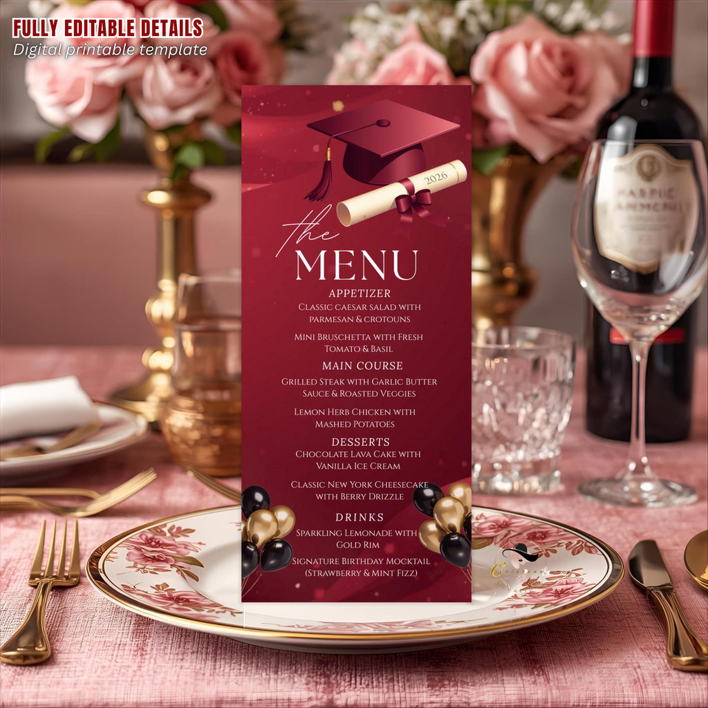 Maroon Graduation Dinner Menu, Senior Grad Party Menu, Commencement Menu, Class 2026 College Graduates Announcement Menu Printable Template