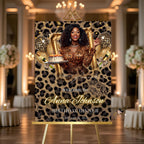 Cheetah Birthday Dinner Welcome Sign, Leopard Brunch Party sign with photo, Woman Retirement Sign, Elegant Animal Print Poster sign Template