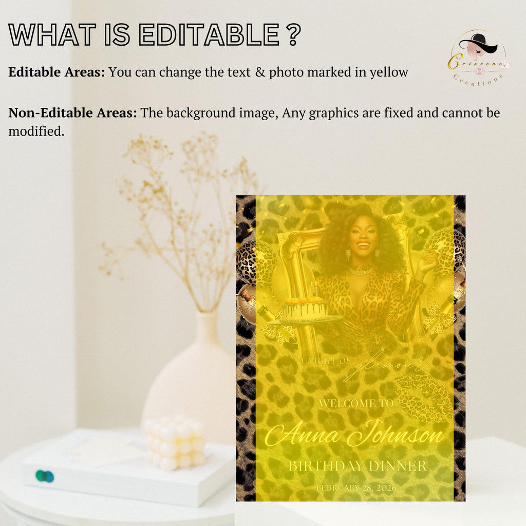 Cheetah Birthday Dinner Welcome Sign, Leopard Brunch Party sign with photo, Woman Retirement Sign, Elegant Animal Print Poster sign Template