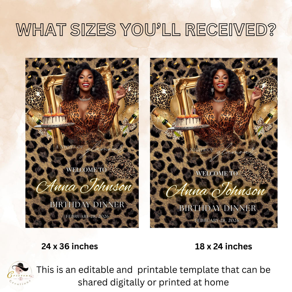 Cheetah Birthday Dinner Welcome Sign, Leopard Brunch Party sign with photo, Woman Retirement Sign, Elegant Animal Print Poster sign Template