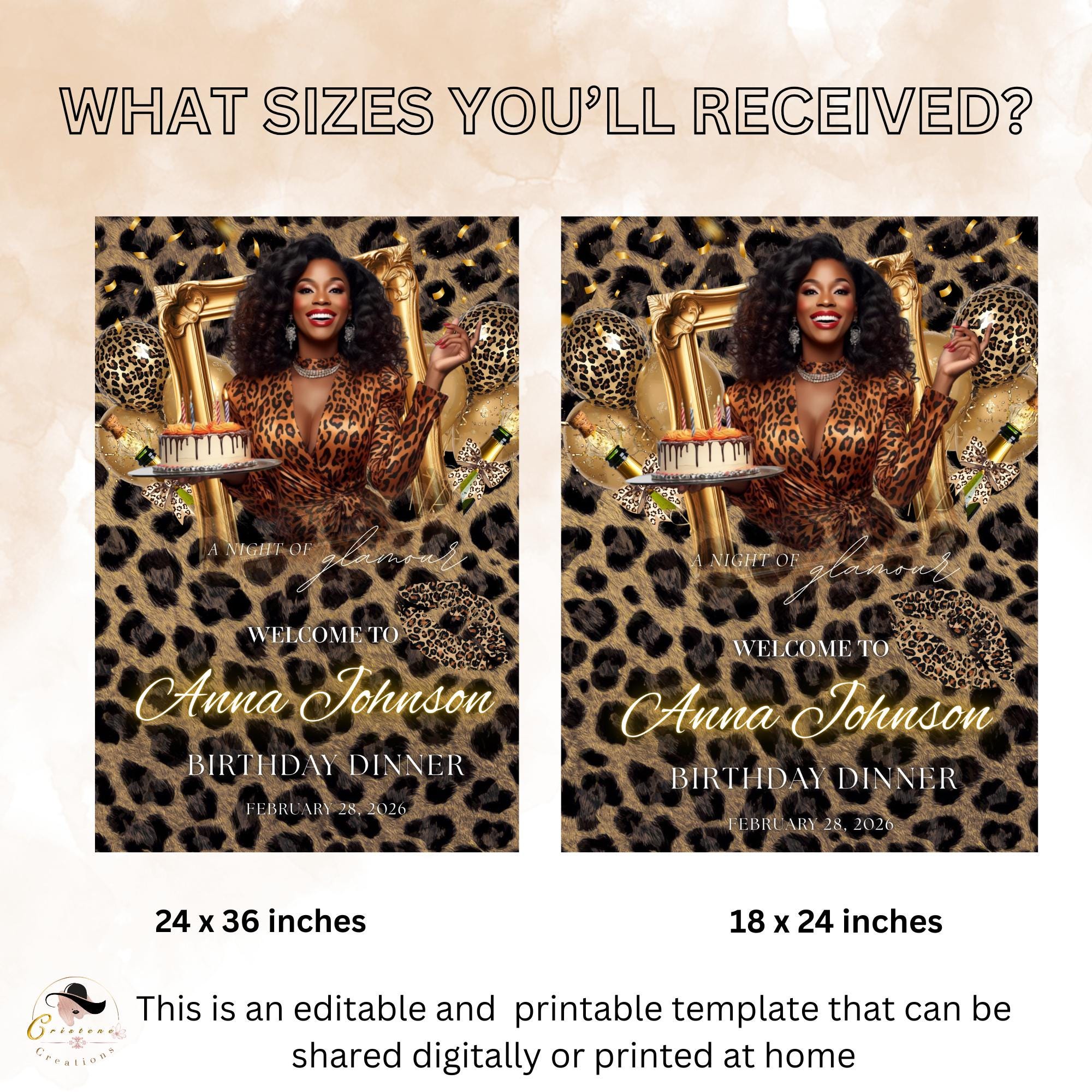 Cheetah Birthday Dinner Welcome Sign, Leopard Brunch Party sign with photo, Woman Retirement Sign, Elegant Animal Print Poster sign Template