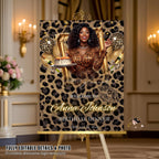Cheetah Birthday Dinner Welcome Sign, Leopard Brunch Party sign with photo, Woman Retirement Sign, Elegant Animal Print Poster sign Template
