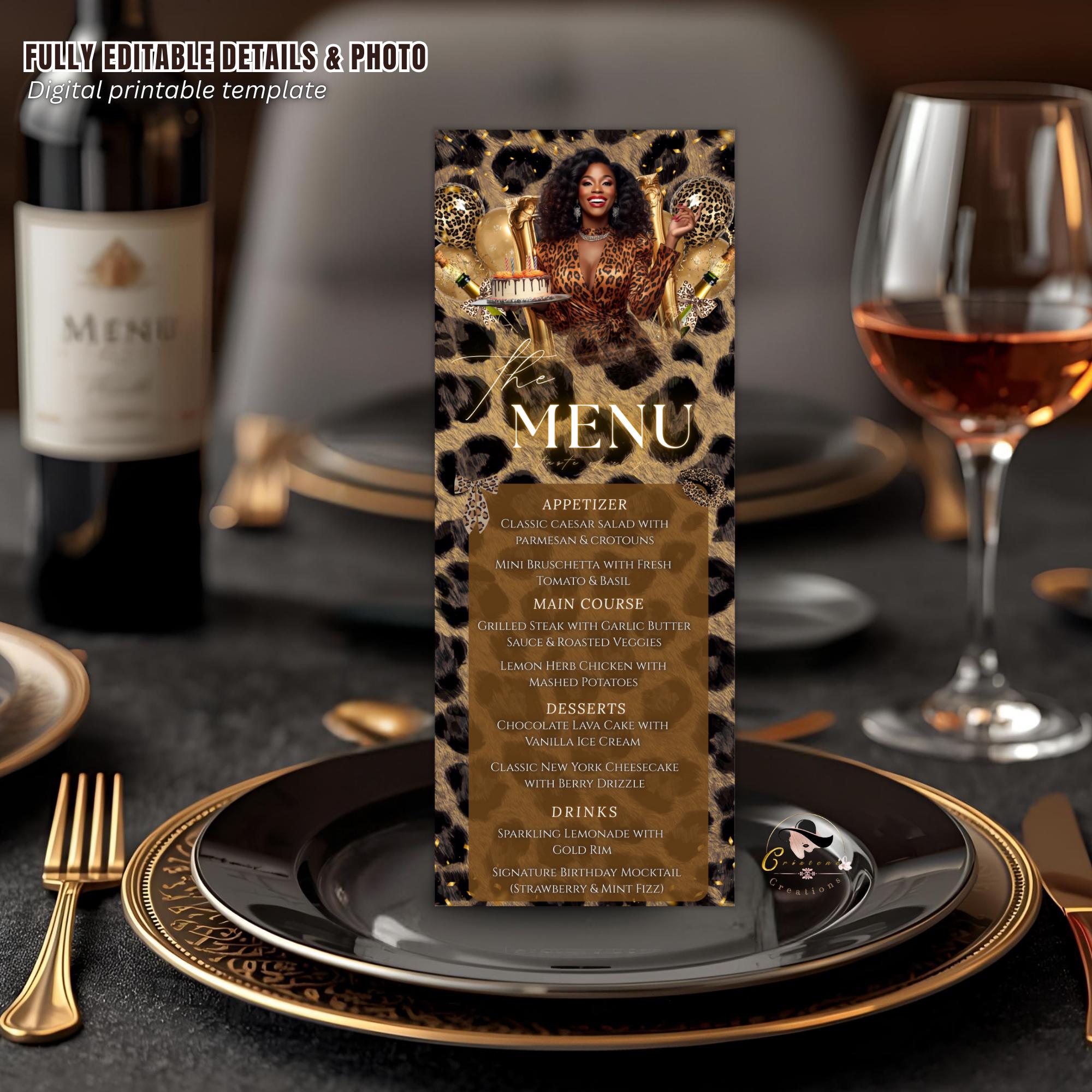 Cheetah Birthday Dinner Menu Card, Leopard Party Menu with photo, Woman Retirement Menu, Elegant Party Menu Template, Printable Event Menu