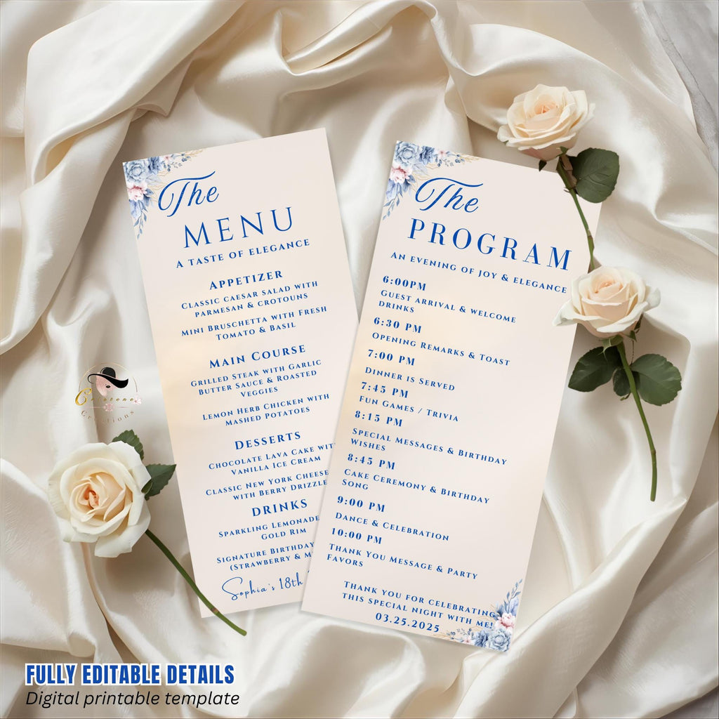 Editable Menu and Program Template, Birthday Dinner Menu cards, Retirement Party Program, Anniversary Menu, Printable Brunch Party Menu