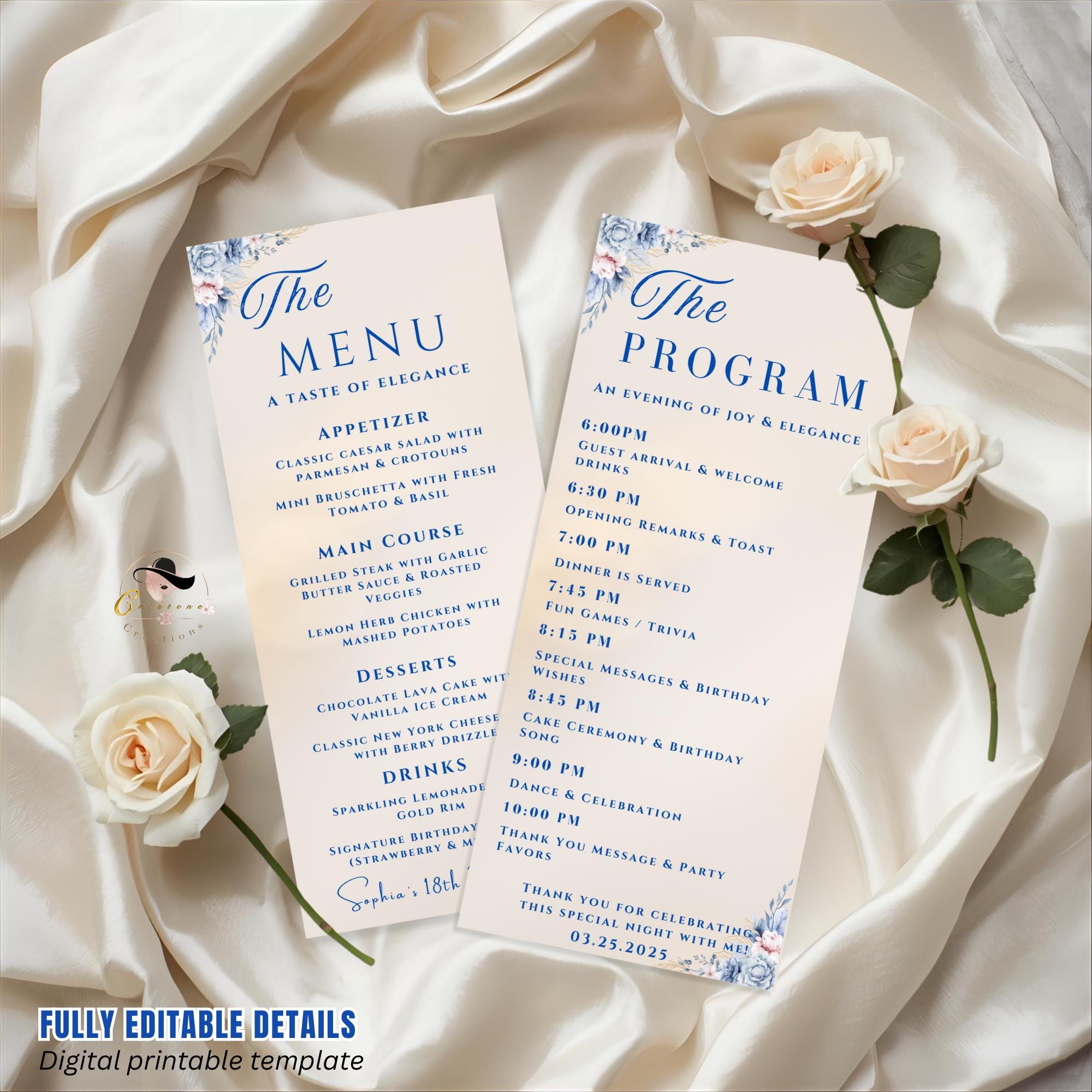 Editable Menu and Program Template, Birthday Dinner Menu cards, Retirement Party Program, Anniversary Menu, Printable Brunch Party Menu